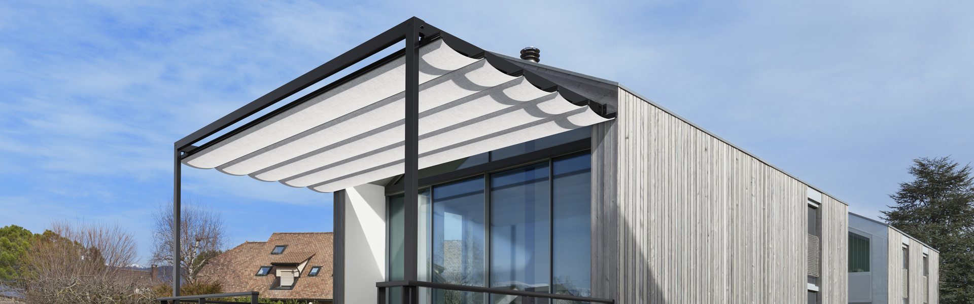 Exterior of a beautiful modern house, view from lawn