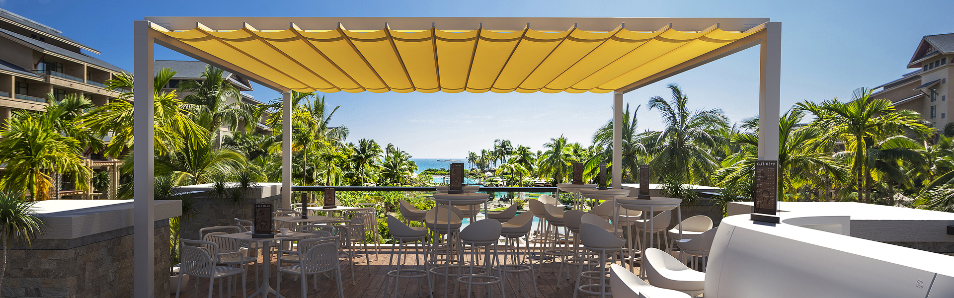 luxury hotel terrace with pool and sea view on bakcground, adobe rgb 1998 use.