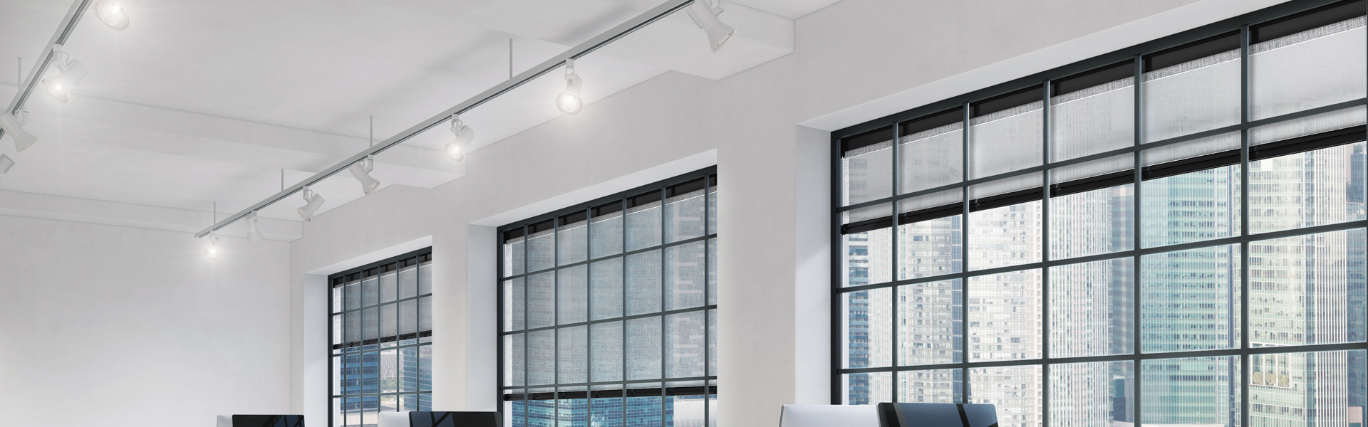 Workplaces in a bright modern loft open space office. Tables are equipped with modern computers; book shelves. Singapore panoramic view. A concept of a high quality consulting services. 3D rendering.